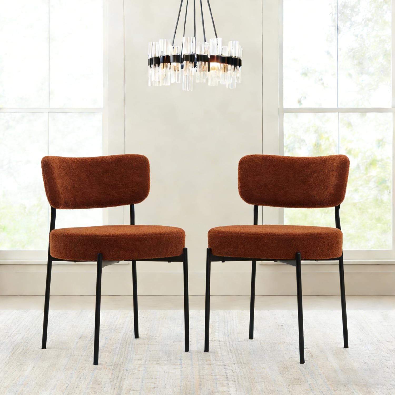 Hanamako Boucle Dining Chairs Set of 2, Brown Mid Century Modern Kitchen Dining Room Chairs with Curved Backrest and Metal Frame, Round Upholstered
