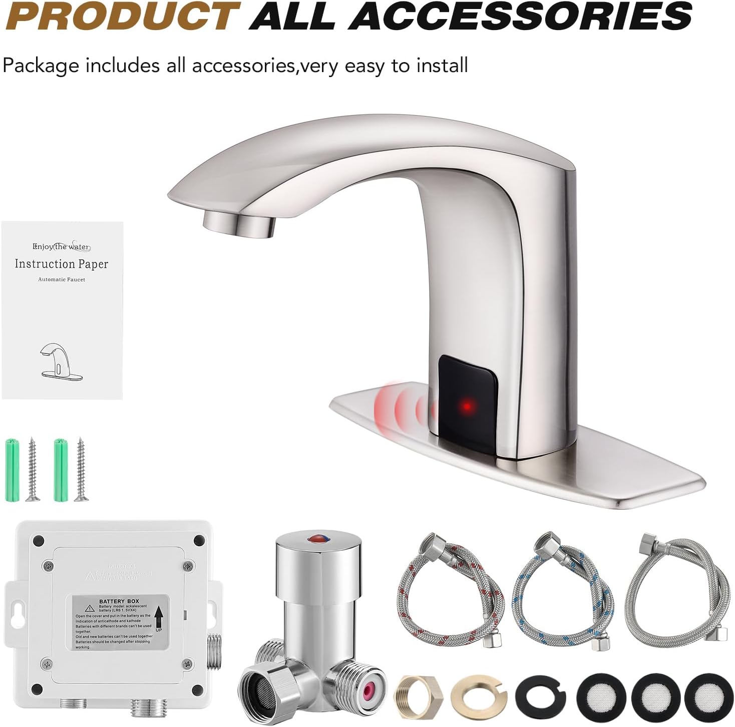 Gangang Touchless Bathroom Sink Faucet Adjustable Water Temperature Brass Automatic Motion Sensor Faucet 1 Hole Commercial Brass Non-contact Faucets Sinks Water Saving Easy to Install (Brushed Nickel)