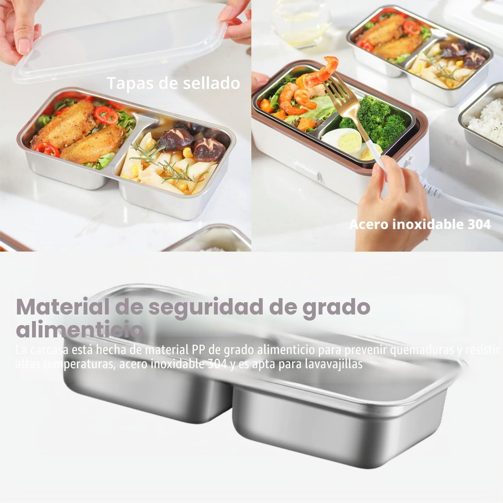 Fiambrera Eléctrica, Calentador de Alimentos Portátil para el Hogar, Oficina, Escuela, 2 Capas, Fiambrera de Vapor, 20 Minutos de Calentamiento Rápido con Recipiente Extraíble de Acero(0.8L/220V)