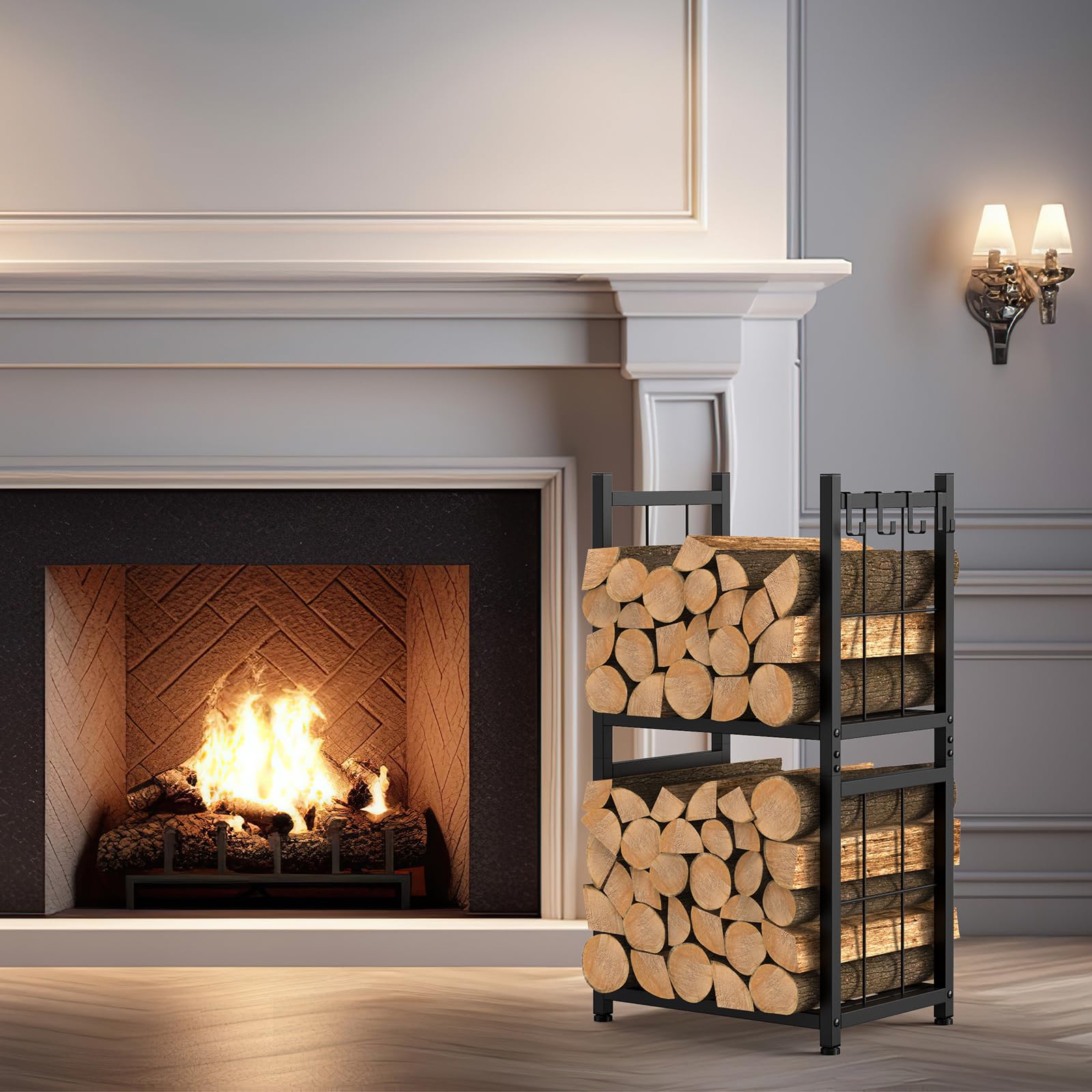 Shinoske Estante para leña de Chimenea con 4 ganchos, 44 x 30.5 x 82 cm, Estante de Leña para chimenea 2 Niveles Leñero Exterior e Interior Metálico, Negro