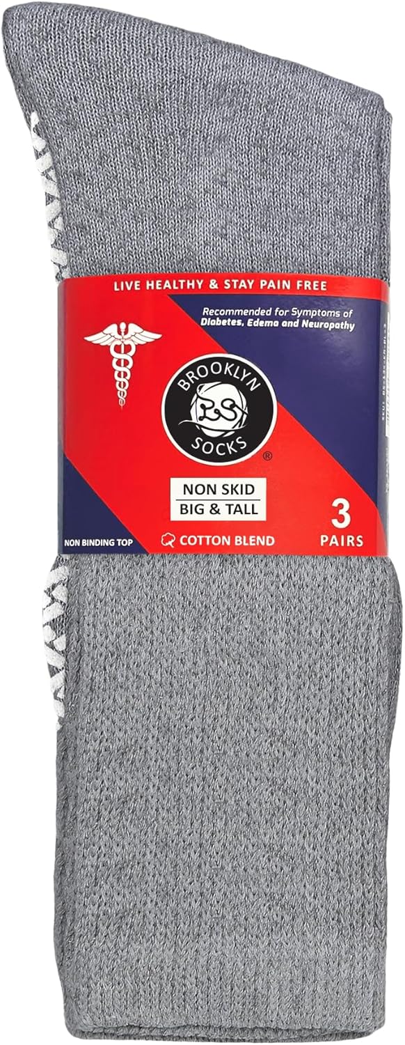 Brooklyn Socks Non-Skid Cotton Diabetic Neuropathy Crew Socks, Non-Binding Traction Control - 3 Pairs, Grey, Size: 13-16 - Image 6