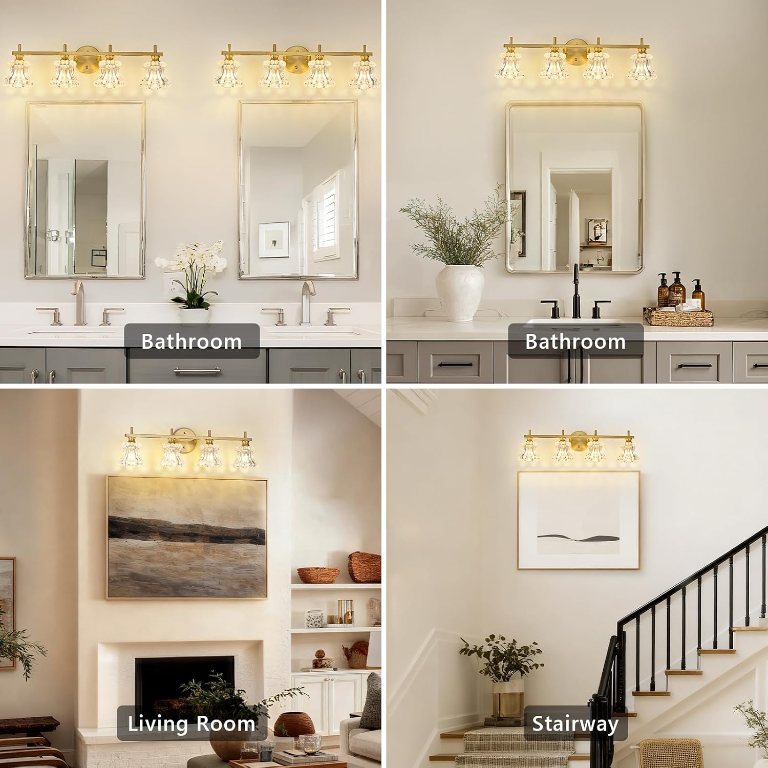 Gold Bathroom Light Fixture 4-Lights Vintage Vanity Lights Gold Plating Finish Bathroom Lighting Fixtures Over Mirror with Thick Glass Shade for Hallway,Living Room,Bedroom