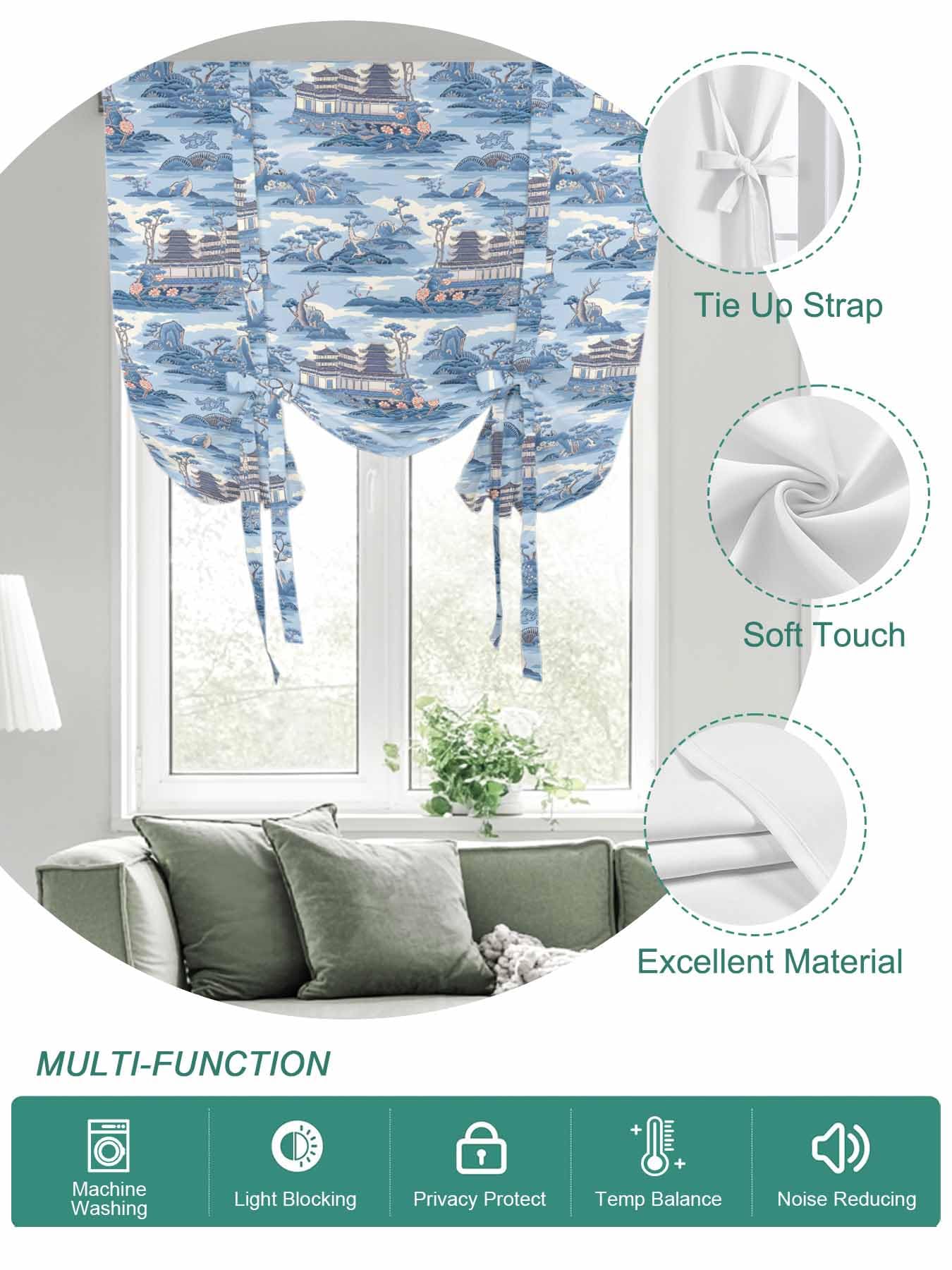 Tie Up Curtains for Windows Blue Garden Roman Shade 52 x 63 Inch Bathroom Curtains Window Modern Art Building Rock Landscape Rod Pocket Short Balloon Curtains for Living Room Kitchen Small Blinds