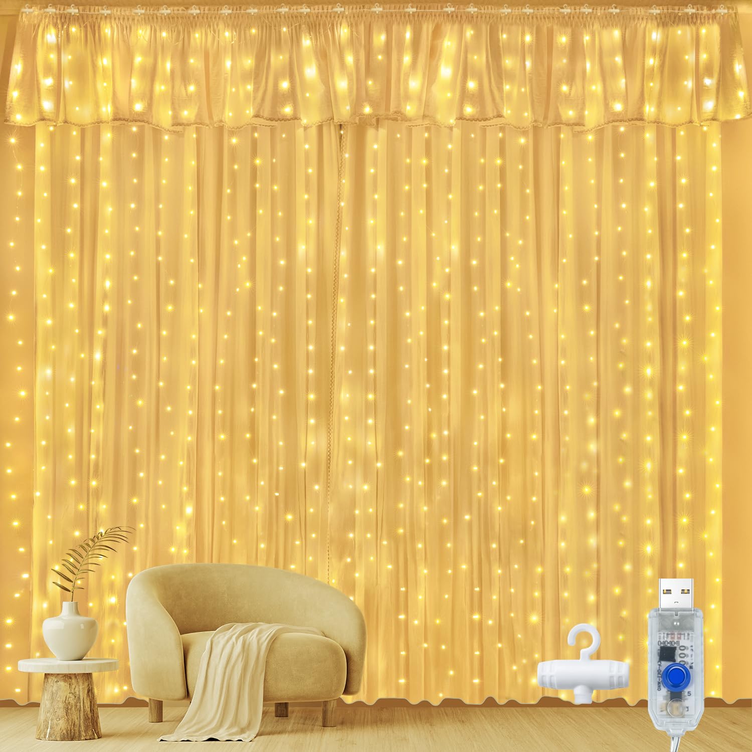 Ollny Curtain Lights Indoor Outdoor, 300LED 3mx3m Waterfall Hanging Plug in String Lights, Waterproof Window Lights for Bedroom/Wall/Outdoor/Wedding/Party, Warm White