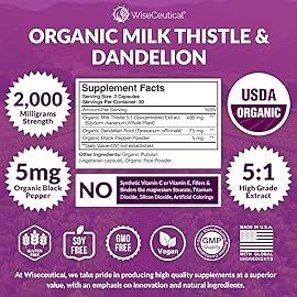 Max Absorption USDA Organic Milk Thistle Potent 5:1 Concentrated Extract (2000mg Strength) & Organic Dandelion Root | Silymarin Antioxidant Flavonoid | Liver Support Supplement (60 Count (Pack of 2))