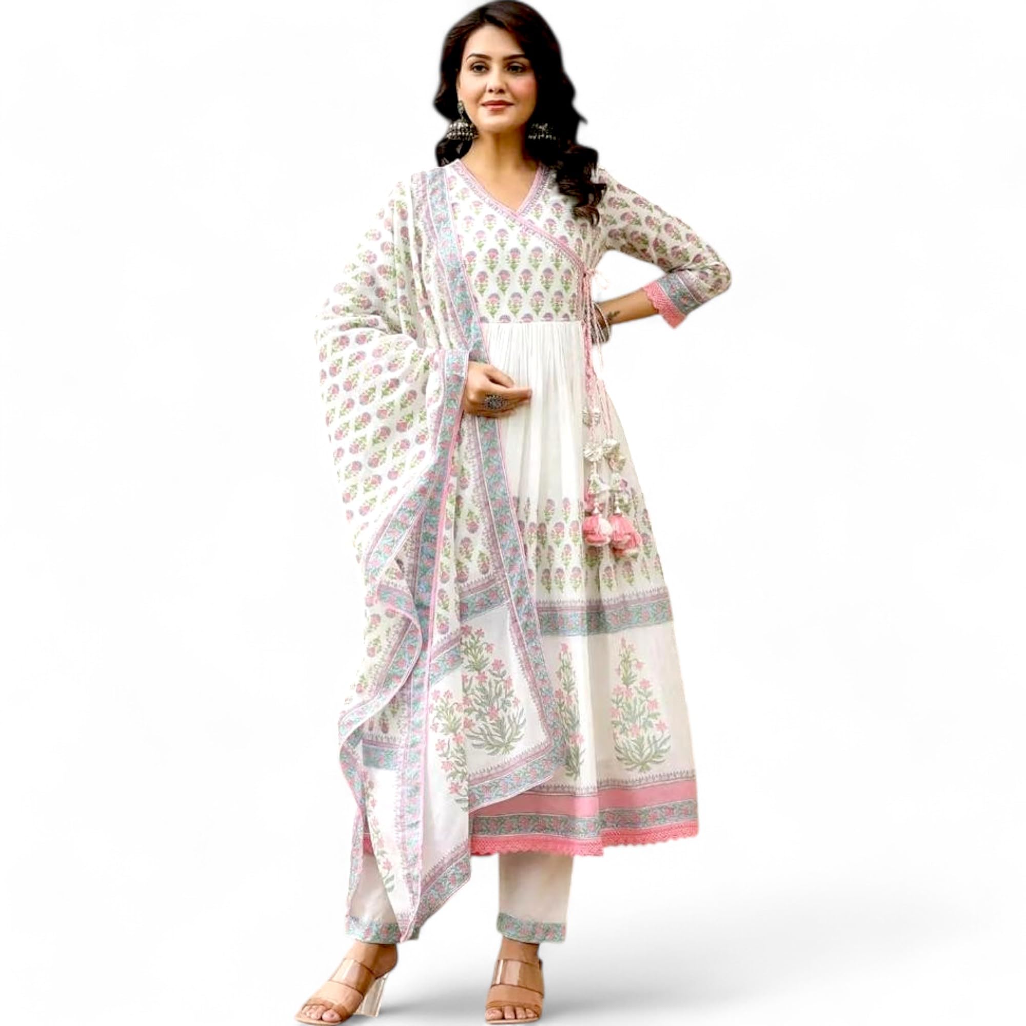 RangMahal indyjskie damskie spodnie z czystej bawełny haftowane Anarkali Kurta Tussle Dupatta zestaw