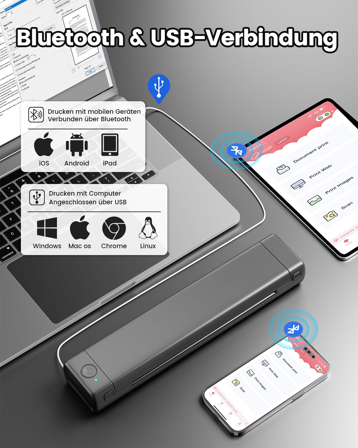 Itari Tragbarer Drucker, M08F Thermodrucker Bluetooth Drucker, Unterstützt Thermopapier A4