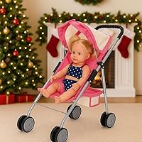 Vista 6 de fash n kolor Mi primer cochecito para muñecas con cesta – Cochecito plegable para muñecas rosa y blanco claro – Se adapta a muñecas de hasta 18", 2