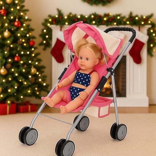 Miniatura 6 de fash n kolor Mi primer cochecito para muñecas con cesta – Cochecito plegable para muñecas rosa y blanco claro – Se adapta a muñecas de hasta 18", 2