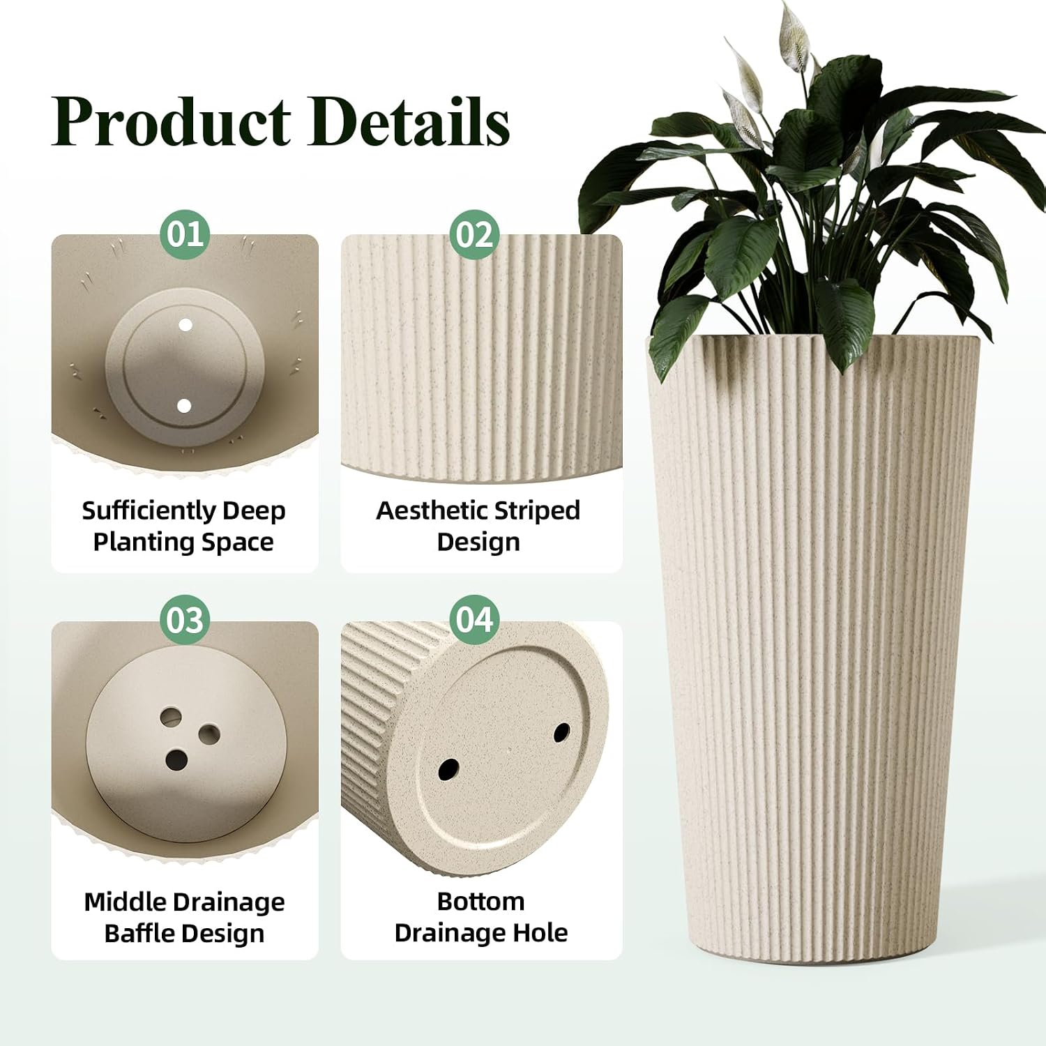 23.6" H Tall Planters for Outdoor Plants, 2 Pack Large Outdoor Planters for Front Porch Decor with Drainage Hole, Plastic Striped Flower Pots Fits Indoor Plants Patio Garden, Black