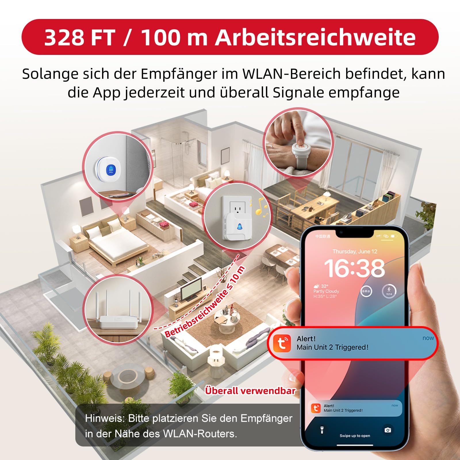 CallToU Braccialetto di emergenza WiFi per anziani su cellulare con 1 pulsante di emergenza, 1 bracciale, 1 ricevitore per anziani, disabili