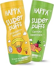Happa Carrot Beetroot and Strawberry Banana Baby Puffs | Melt-in-the-Mouth Finger Food for Babies | Supports Self-Feeding & Baby-Led Weaning | No Artificial Flavours or Colours | Stage 2 (8 Months+) | Pack of 2 (40g Each)