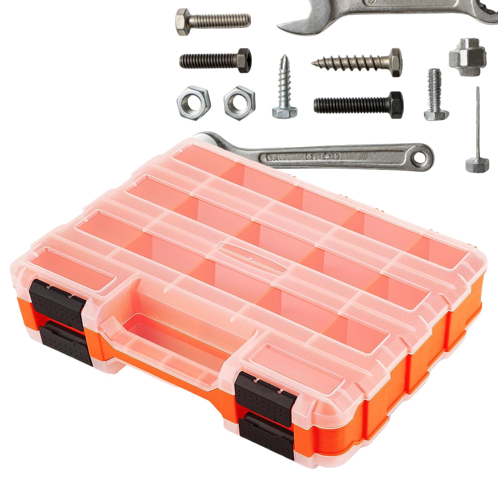 Scatola portaoggetti con 34 scomparti, trasparente, con coperchio sicuro, impilabile, ideale per garage, officina, casa, ferramenta, elettronica, chiodi