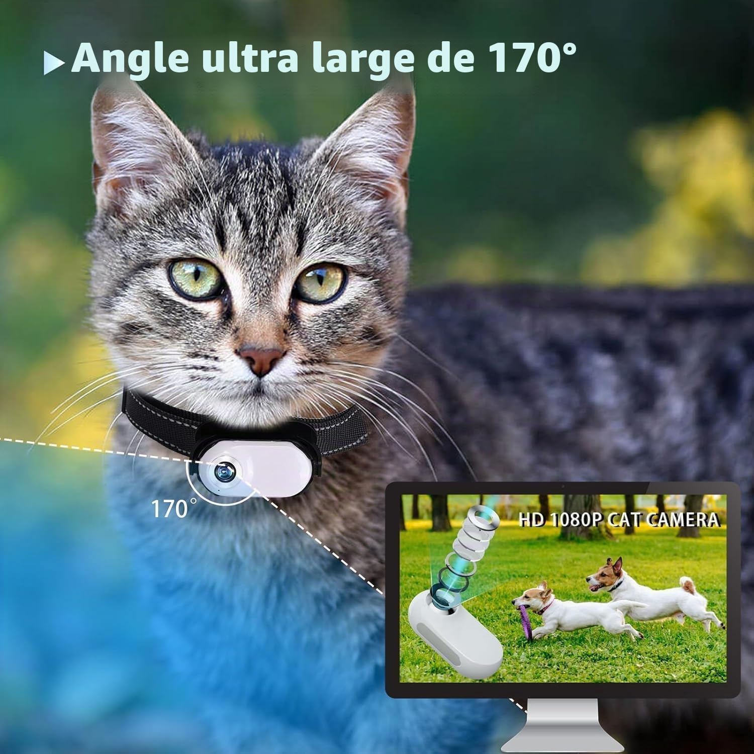 Collier d'appareil photo pour chat blanc 128 G avec pinces pour chiens et chats
