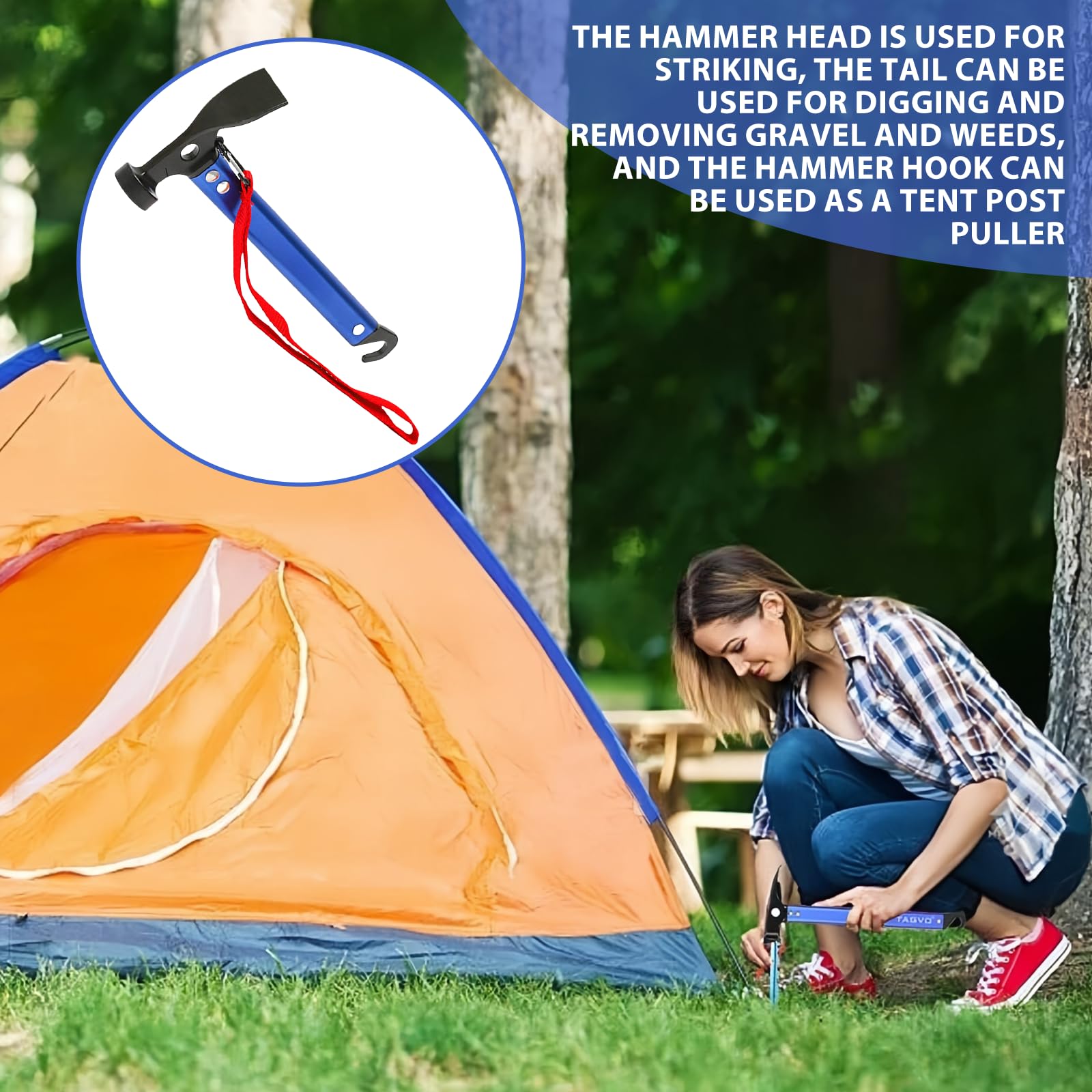 Marteau de camping 30,5 cm, marteau de camping avec crochet et mini-pioche, marteau en aluminium, marteau multifonctionnel pour piquets de tente avec sac de rangement (Bleu)