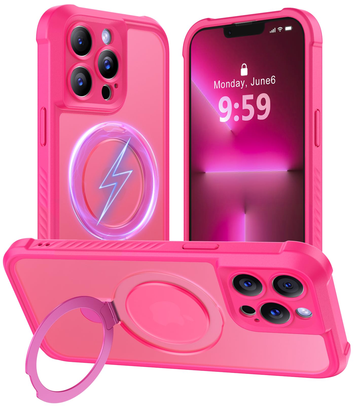 mocca design for iphone 13 pro case with magnetic invisible stand [full camera protection] [compatible with magsafe] military drop shockproof translucent matte phone case cover 6.1",hot pink