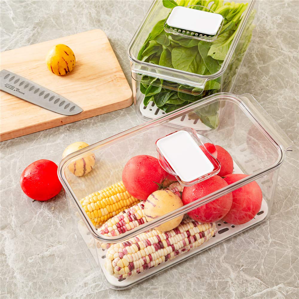 SANNO Produce Saver - Contenedores organizadores de refrigerador con tapas y bandeja de drenaje extraíble, contenedor de almacenamiento de alimentos, contenedores apilables para congelador, para