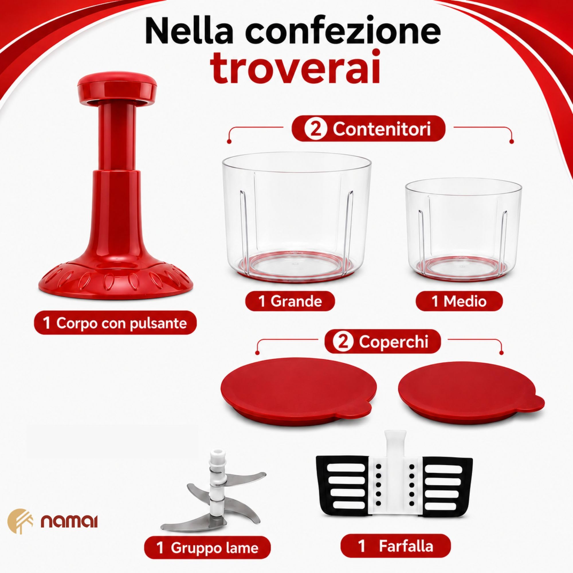 NAMAI - Tritatutto Manuale 5 Lame, 2 Contenitori, Mixer, Utile e Pratico | Lavabile In Lavastoviglie, Sicuro, Facile Da Usare, Ecologico
