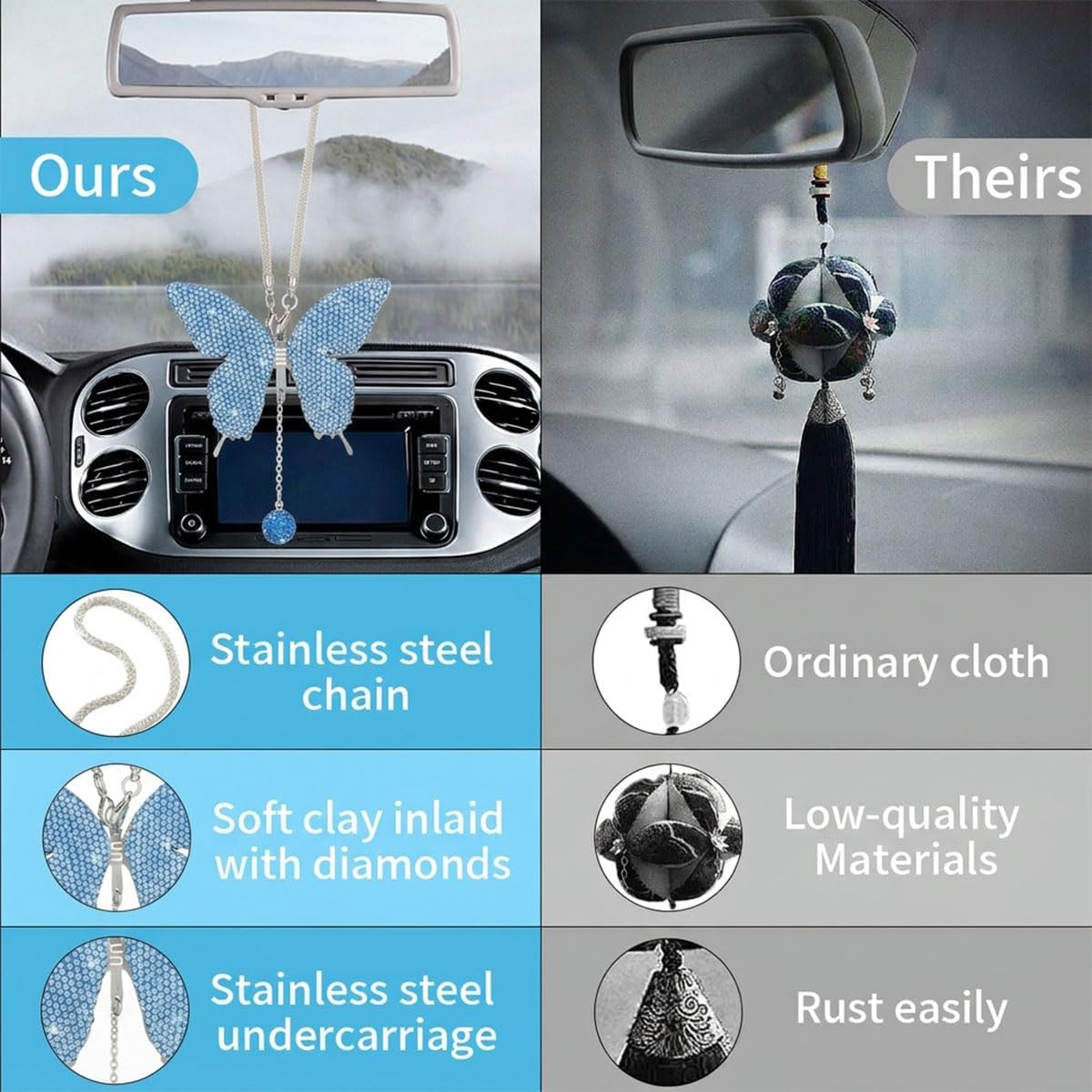 JOYCOURT Bling Butterfly Diamond Car Hanging Accessories for Women, Blue image 3