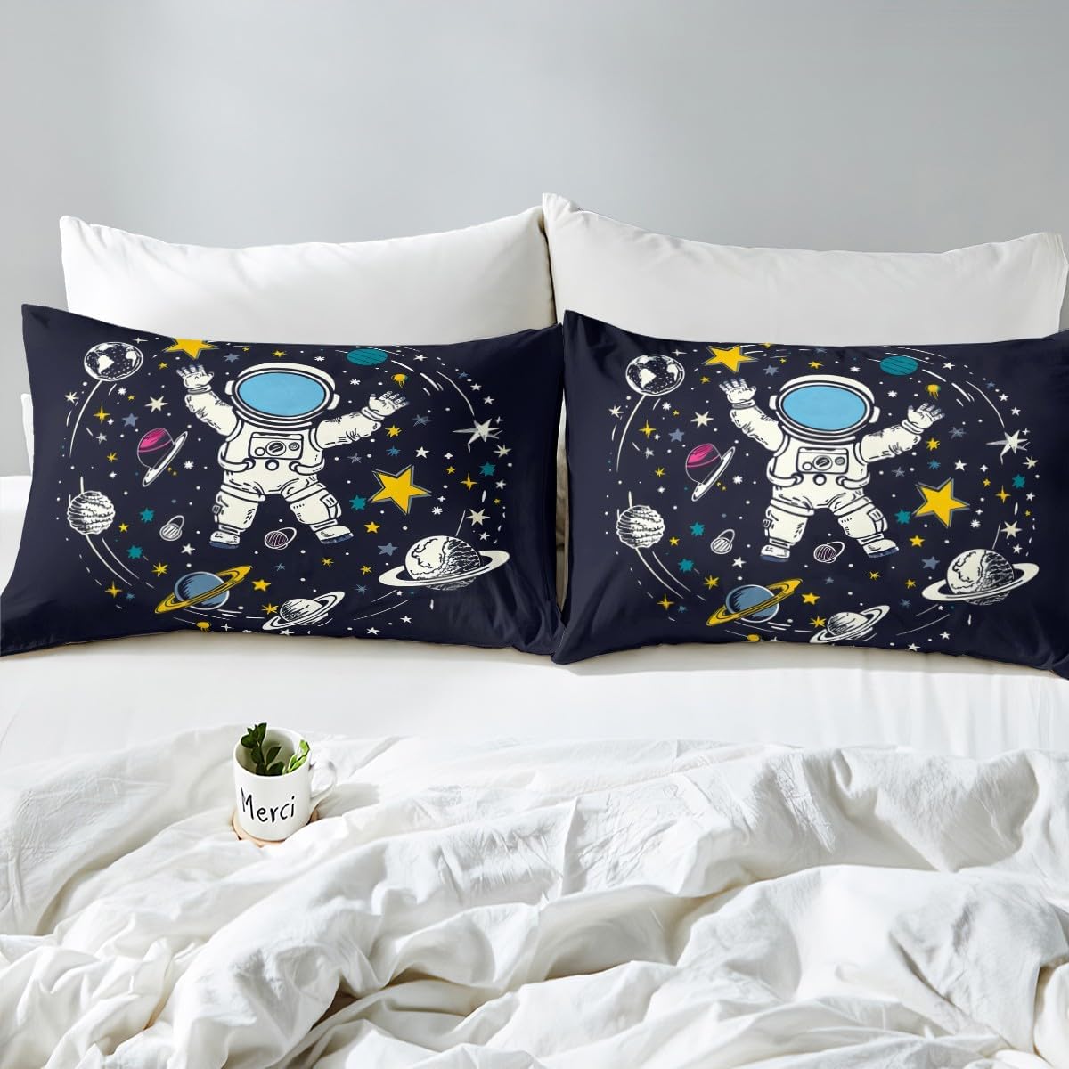 Feelyou Cartoon Astronaut Duvet Cover Set Galaxy Bedding Set for Kids Boys Girls Rocket Comforter Cover Outer Space Stars Quilt Cover 1 Duvet Cover with 2 Pillowcases Full Size (No Comforter)