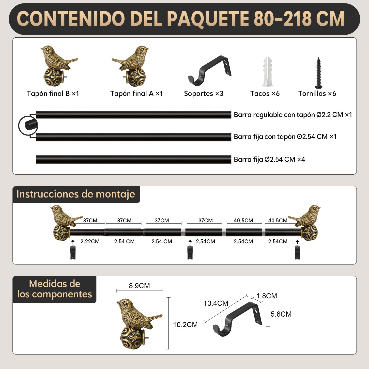 Barra Cortina Extensible 80-218 Cm Con Adornos En Forma De PáJaro | DiáMetro 25 Mm, Metal Reforzado, InstalacióN Mural, Apta Para SalóN, Dormitorio, Cocina Y Ventanas,InstalacióN Sencilla
