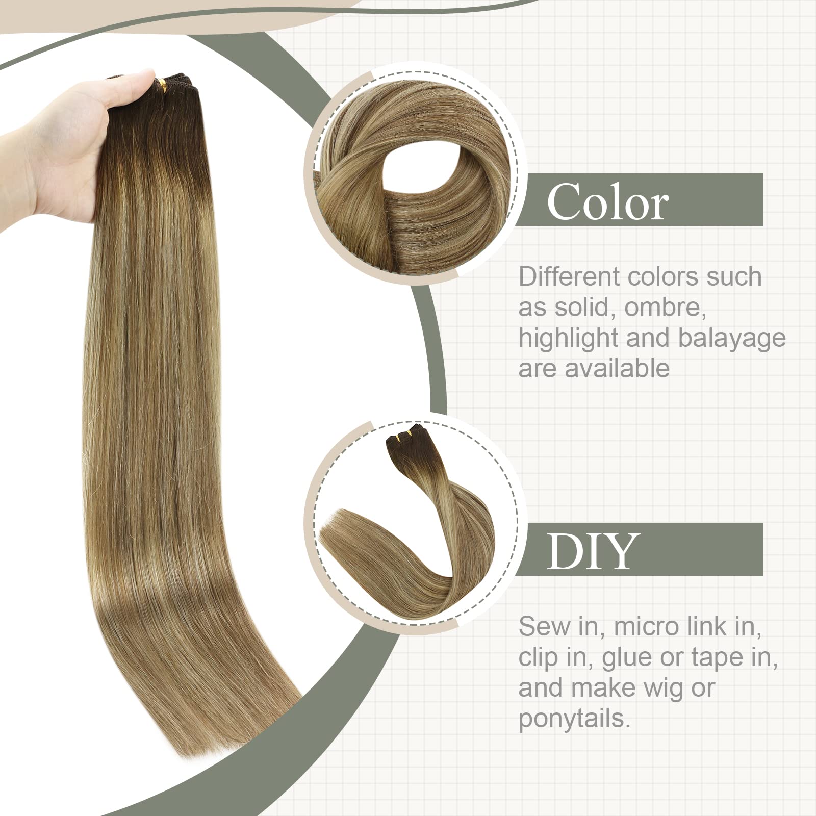 Fshine Extension Capelli 30CM 80g Extension Capelli Veri Tessitura Castano Scuro A Castano Cenere Con Highlight Del Biondo