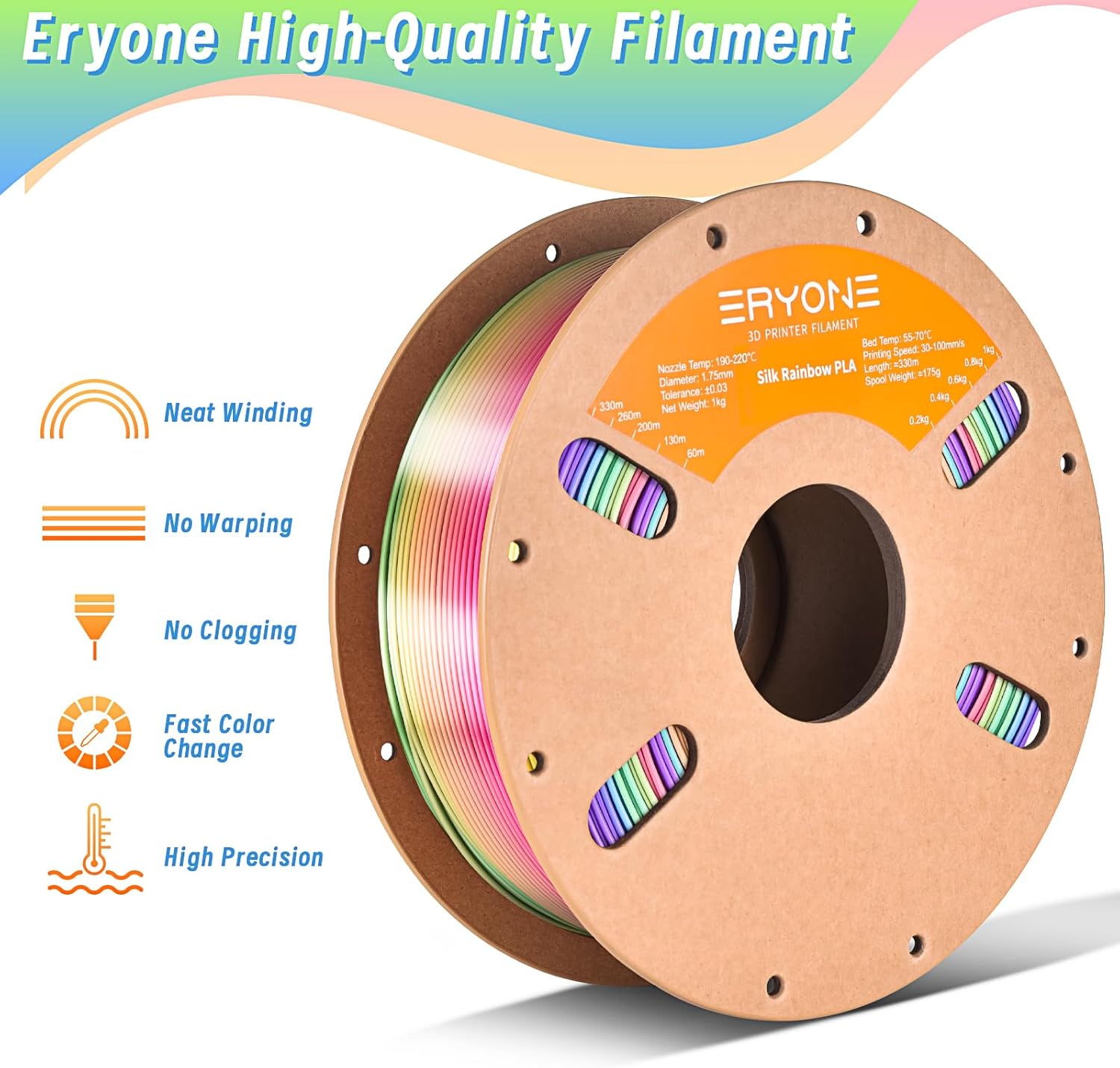 ERYONE Silk Rainbow 3D Printer PLA Filament 1.75 +/- 0.03mm, Shiny Multicolor Filament PLA Fast Color Change 1KG(2.2LBS), Candy Rainbow