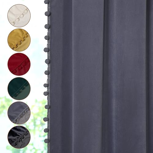 Miniatura 6 de GlowSol Cortinas de terciopelo de Navidad para sala de estar, cortinas con bolsillo para barra, cortinas con borlas con pompones, cortinas de