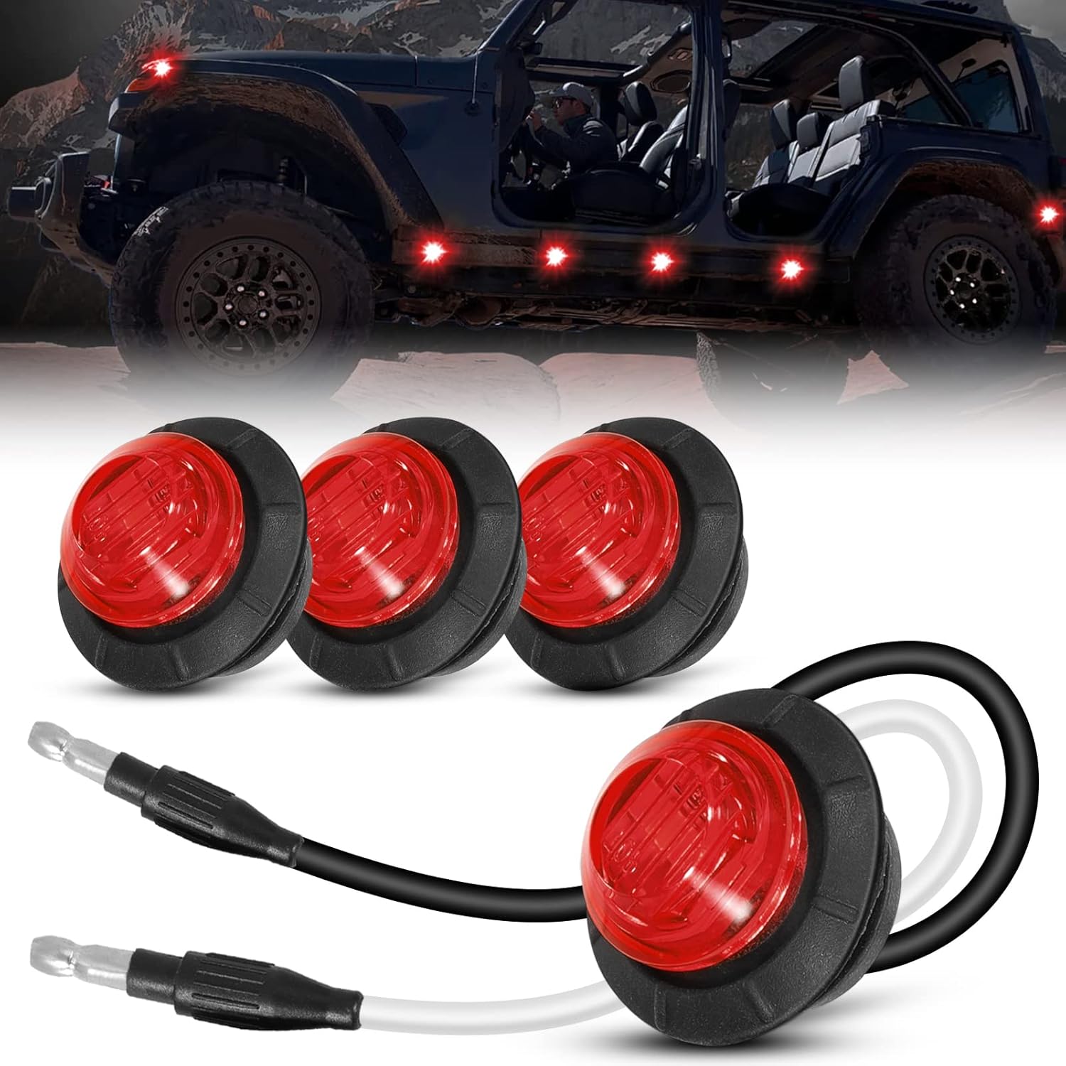 OFFROADTOWN 4pcs Red Round LED Side Marker Light Mini Clearance Lights LED Front Rear Side Marker Indicator Light Bullet Marker Lights for Trailer Truck Pickup Van RV SUV Boat