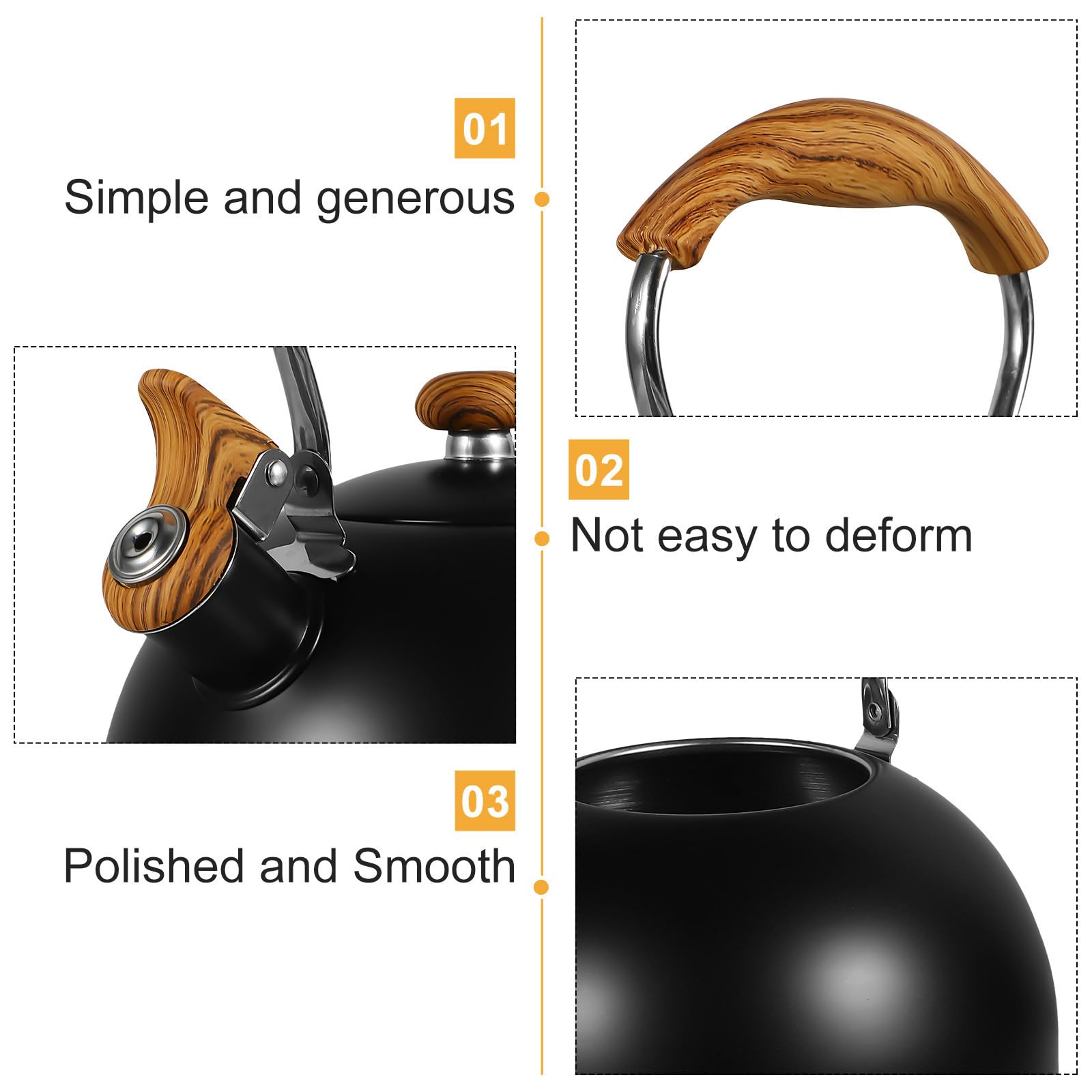 Outanaya Bollitore per Tè Domestico da 2.5l Manico in Legno, Acciaio Inossidabile, Riscaldamento Rapido e Fischio Automatico, Design Elegante per Cucina