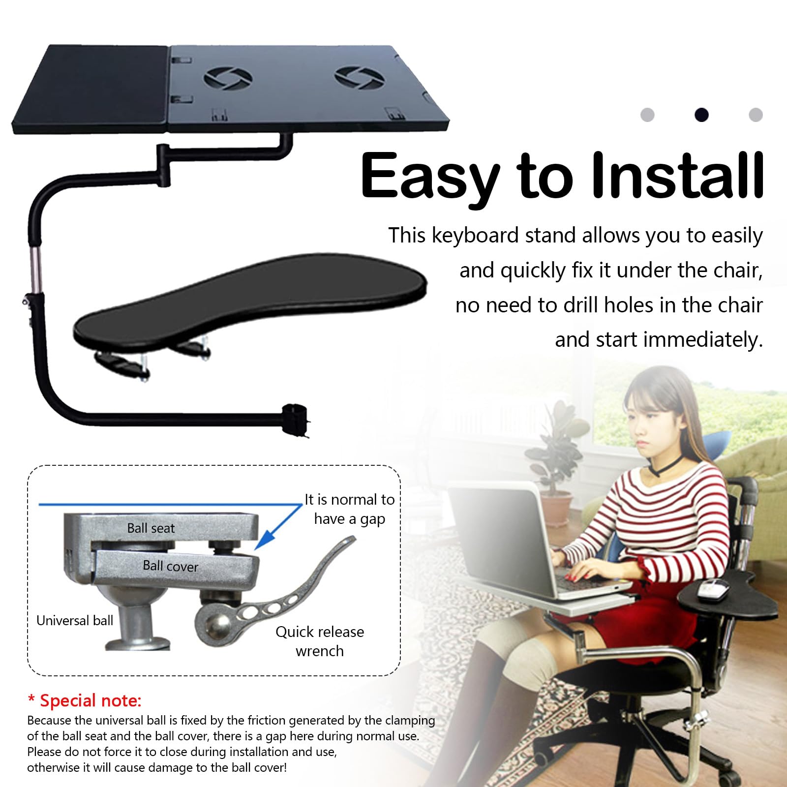 Tastatur Halterung, Tastaturablage Stuhl Klemme Tastatur Halter 360° Verstellbares Tastaturständer mit Mauspad USB Lüfter Rostfreiem Stahl Stuhlschaftklemme Tastaturstütze Fauler Keyboardständer