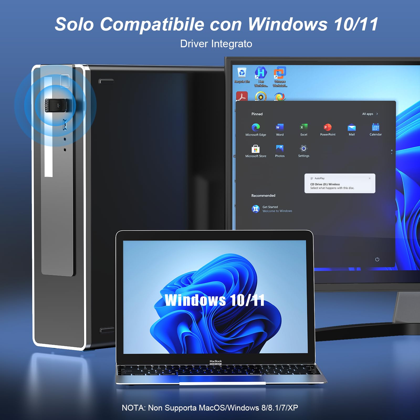 WONLINK Adattatore USB Wireless, 900Mbps WiFi 6 Chiavetta WiFi Dual Band MU-MIMO, Bluetooth 5.3, WPA3, Antenna Integrata, Compatibile con Windows 10/11