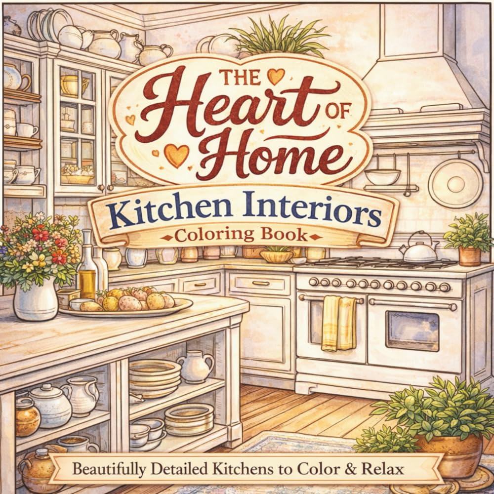 The Heart Of Home - Kitchen Interiors Coloring Book: Beautifully Detailed Cozy Kitchens for Relaxation, Stress Relief, Mindful Coloring, and Creative Home Lovers