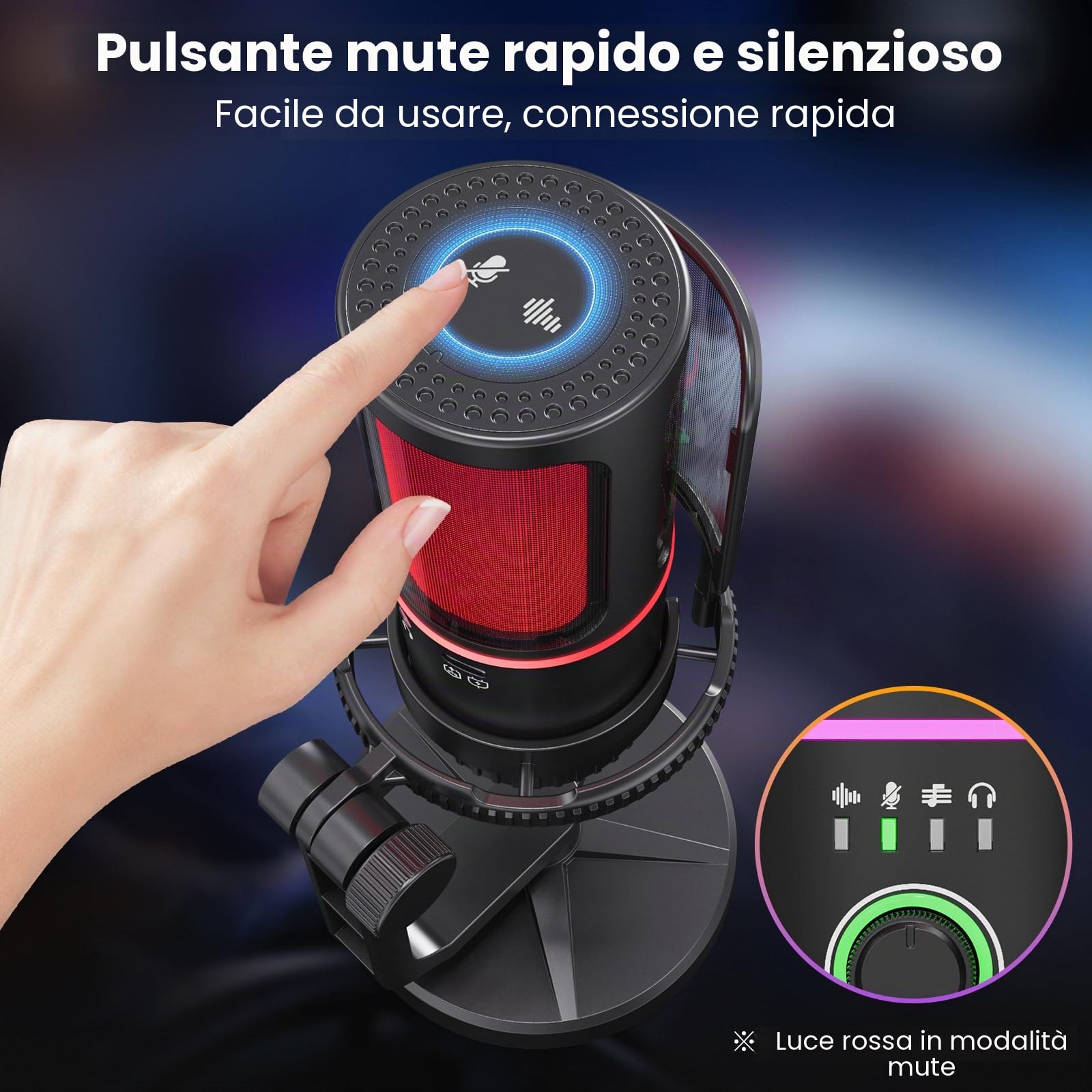 SINWE Microfono Gaming USB con Cancellazione Rumore e Controllo Guadagno, per Streaming, Giochi, Podcast su PC e PS4 - Include Filtro Pop, Sospensione, Muto Rapido, RGB