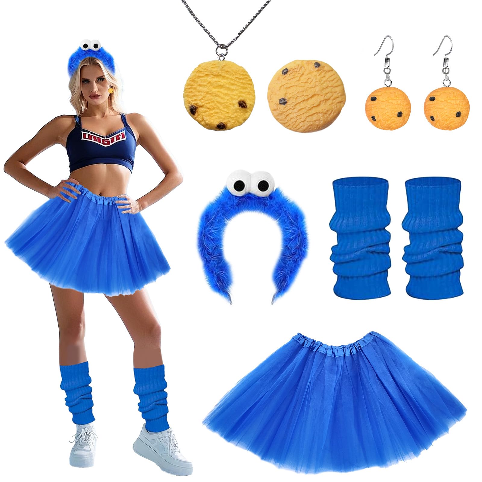 WanderGo Kekse Monster Kostüm, 8 Stück Muppets Kostüm mit Tüllrock Blau, Blaue Stulpen Damen, Haarreif, Halskette Haarnadel Ohrringe für Halloween Karneval Fasching Cosplay