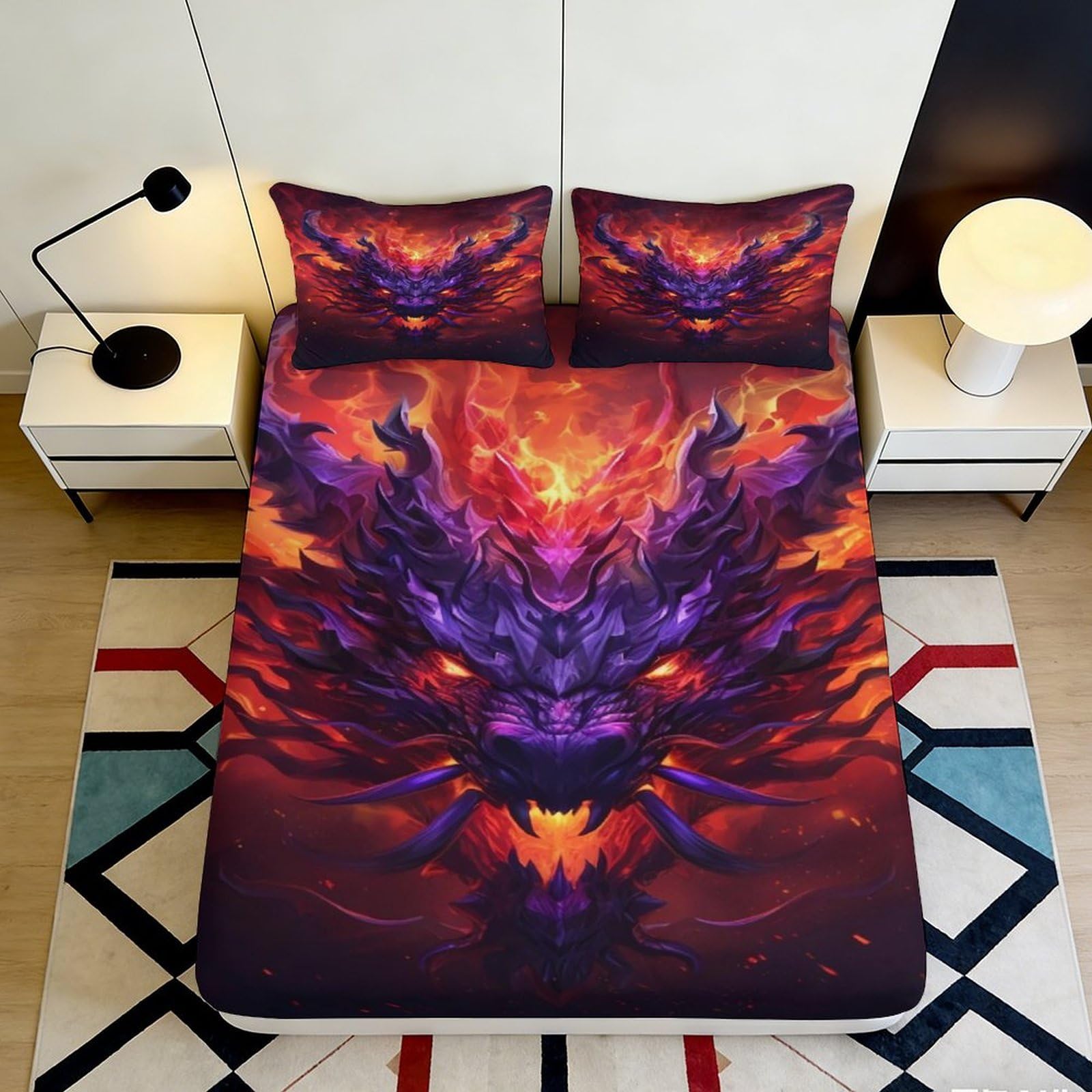 3D Printed Fiery Dragon Fitted Sheet Microfiber Soft Anti-Slip Fantasy Dark Flame Mattress Cover for Bedroom Guest Room Decor 90x200x25cm