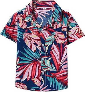 Camiseta para niños pequeños con botones, estampado de dibujos animados, camiseta de manga corta, cuello redondo, Hawaii, playa, vacaciones, camiseta floral