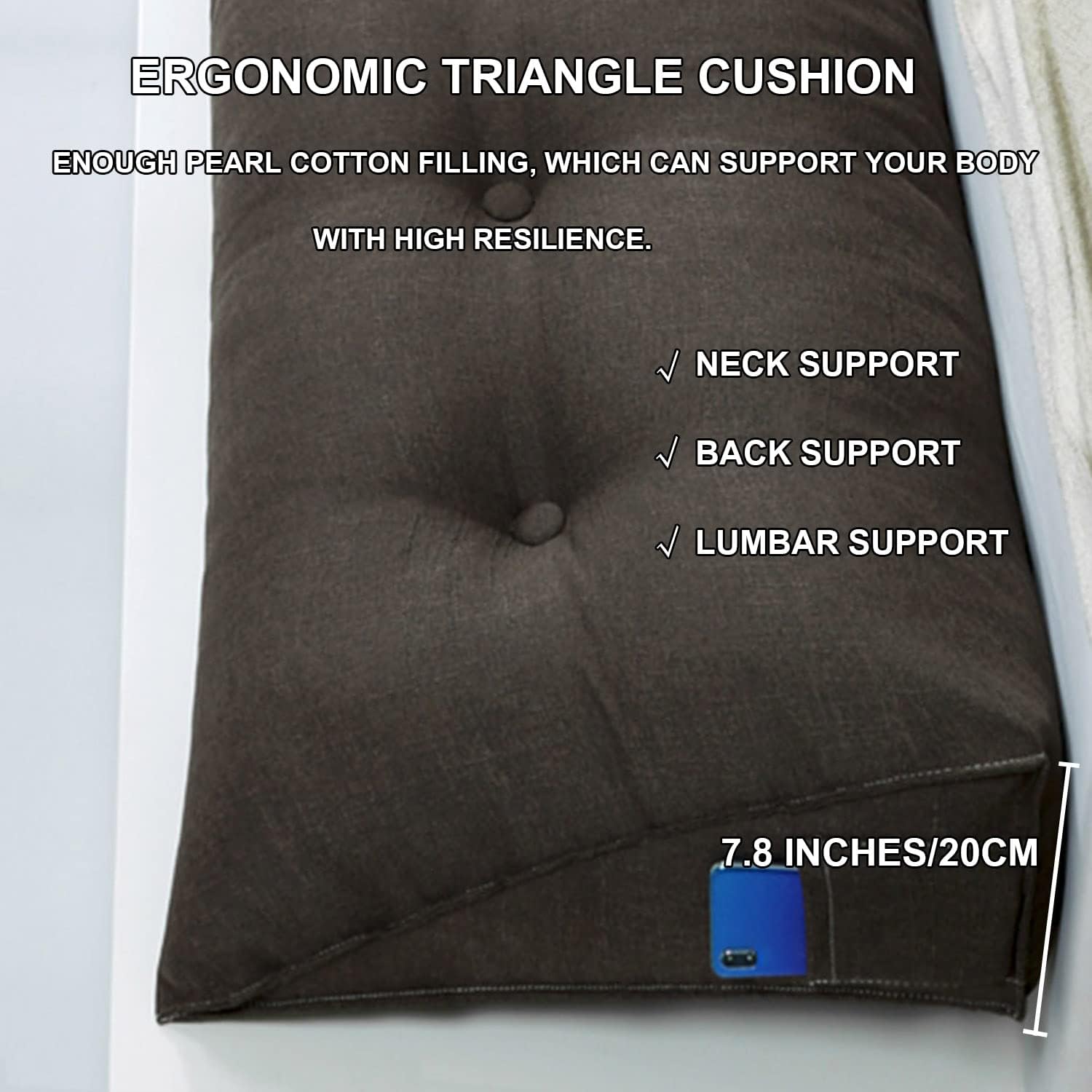 Linen Wedge Headboard Pillow,Large Bolster Triangular Headboard Reading Pillow,Solid Color Positioning Bed Rest Cushion Daybed Backrest with Removable Cover,Coffee,39.3"/100cm(Twin)