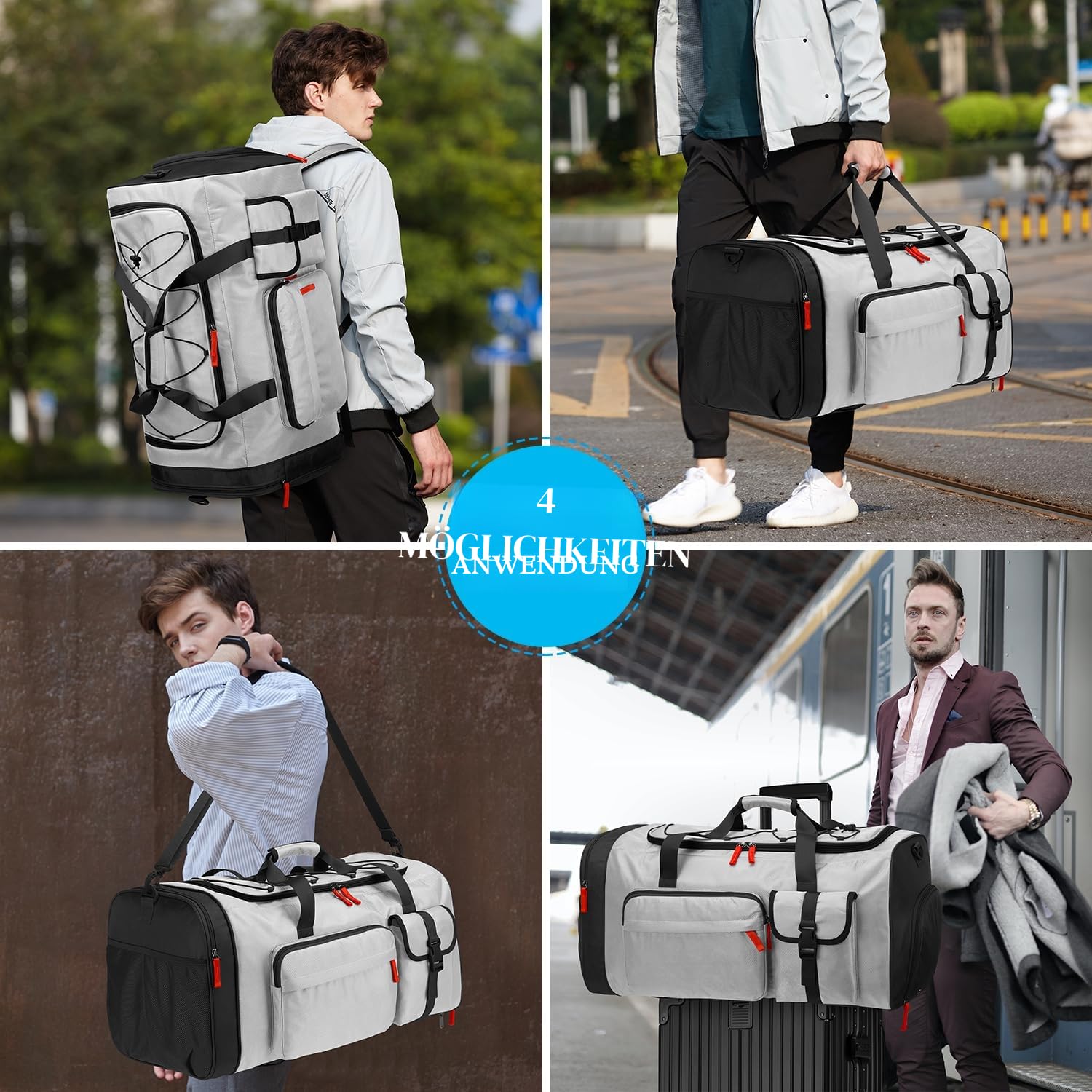 70L Sporttasche Groß Sportrucksack Herren mit Schuhfach Wochenend Sport Reisetasche mit Rucksackfunktion Wasserdicht Fitness Trainingstasche für Damen Gym, Reisen, Camping, Grau
