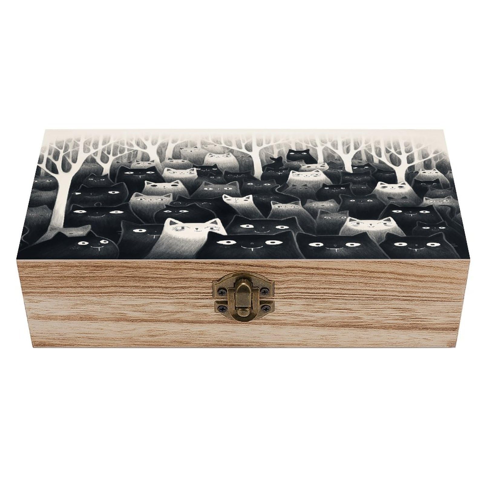 Btcowzrv Style A Group Of Black Cats Wooden Storage Box, Keepsake Box With Hinged And Retro Lock, Wood Jewelry Organizer For Photos & Mementos And Home Decor