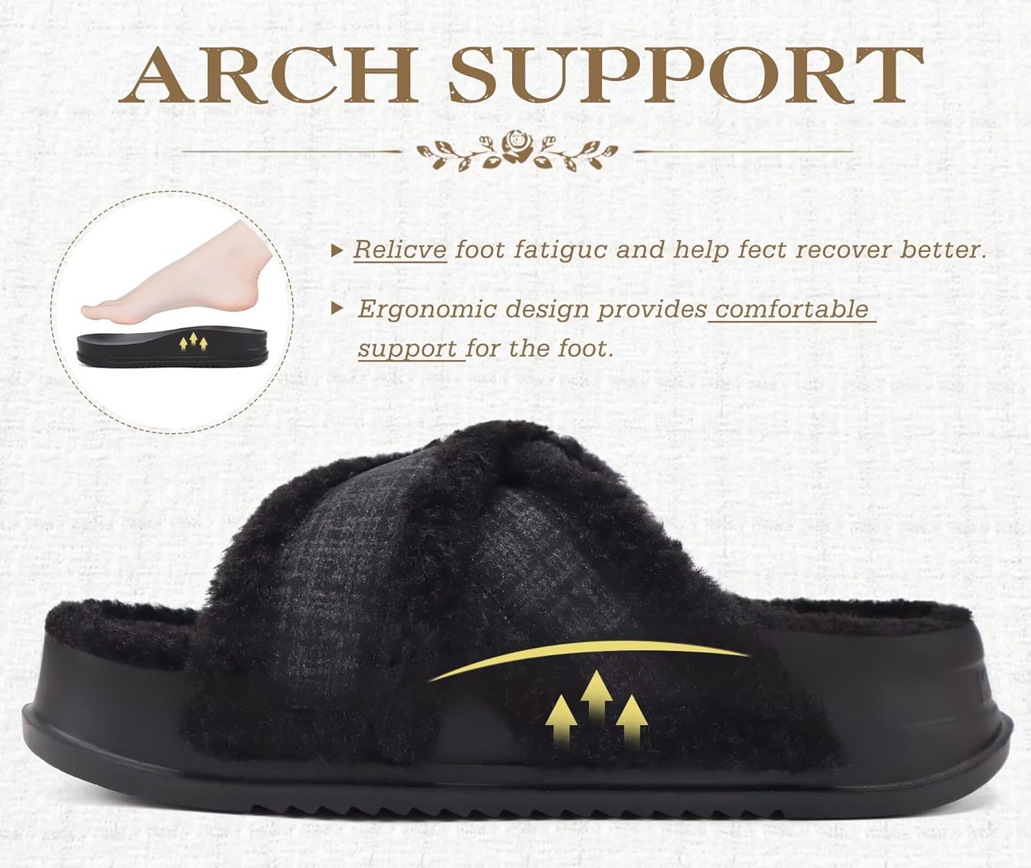 KuaiLu Women's Fuzzy Cross Band Platform Slippers Furry Faux Fur Comfortable Arch Support Open Toe Slides for Indoor Outdoor - Image 4