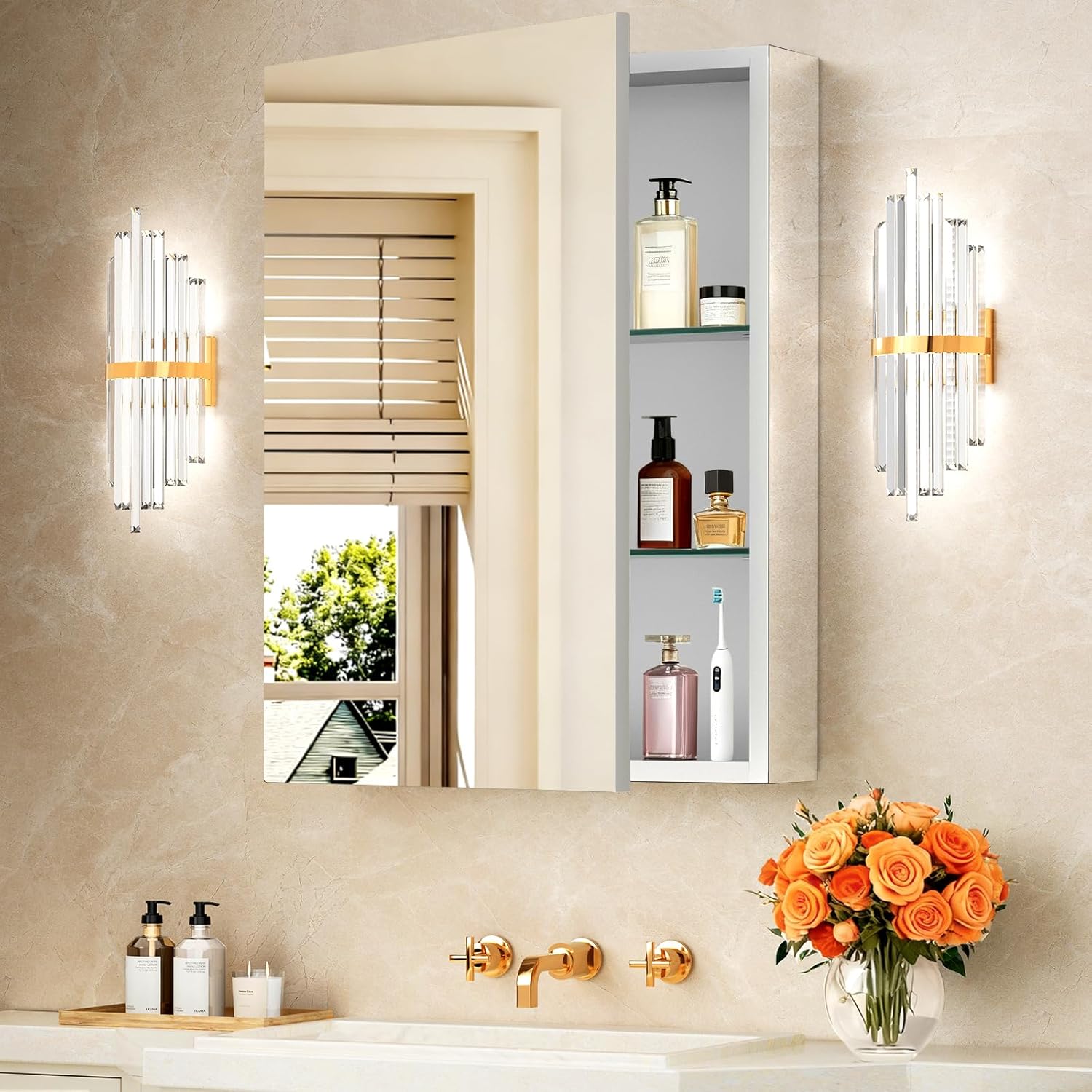 Bathroom Medicine Cabinet with Mirror, 20x26 Recessed or Wall Mirror Medicine Cabinet with Storage Adjustable Glass Shelves, Beveled Edge Mirrored Door with Aluminum Cabinet Hinges