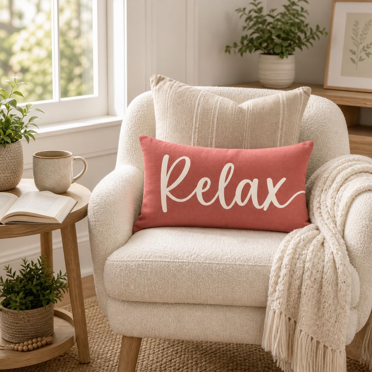 Relax Unwind Lumbar Throw Pillow Covers 12x20 Inch Set of 2, Coral image 2