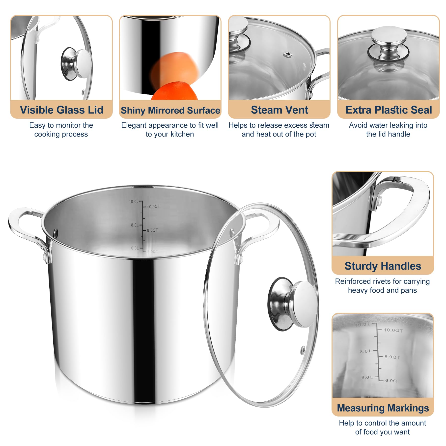 HaWare Pentola grande in acciaio inox da 12 l con coperchio trasparente, pentola da 26 cm con fondo a tre strati per pasta, carne, zuppe, adatta per induzione/elettrico/gas/ceramica, sana e facile da