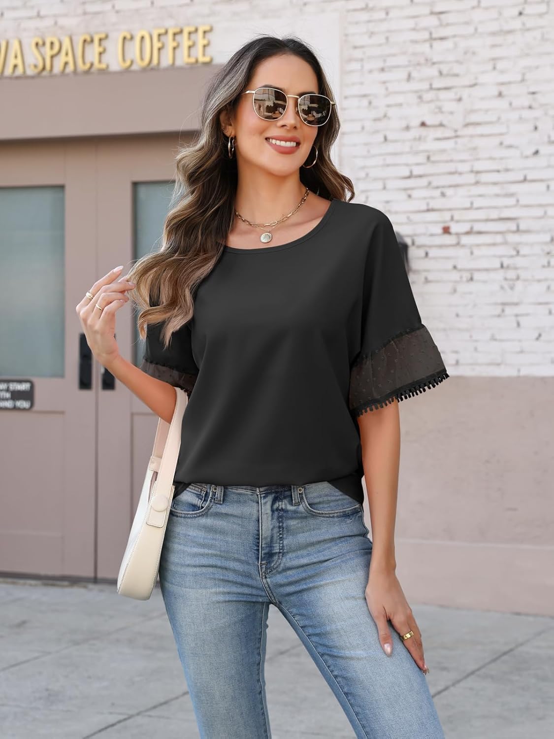 Womens Summer Tops Casual Crew Neck T Shirts Swiss Dot Bell Sleeve Tops Loose Fit Chiffon Blouses Vacation Outfits - Image 2