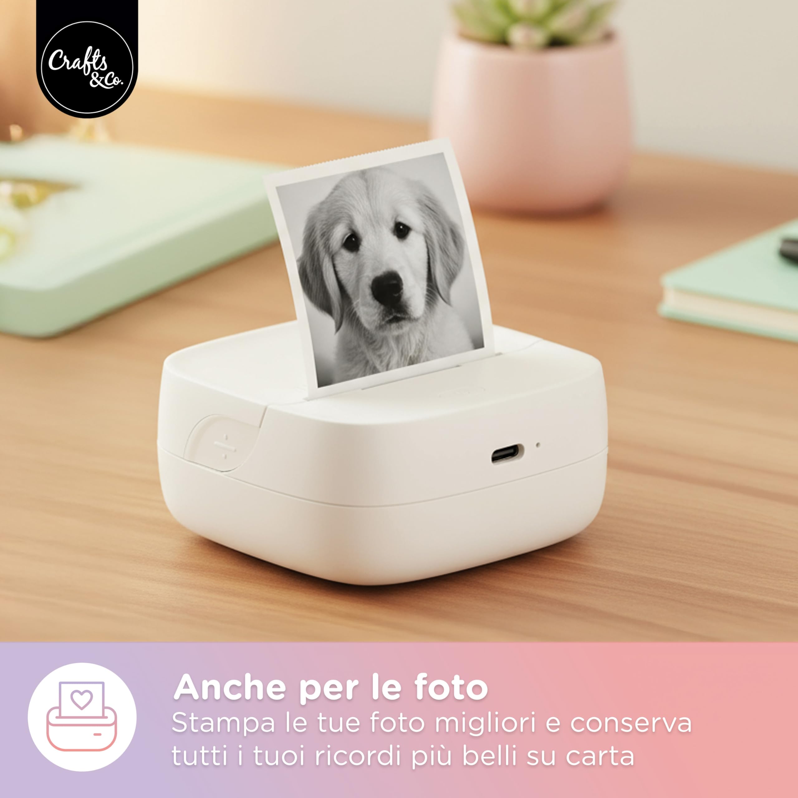 Crafts&Co Mini stampante tascabile | stampante portatile Bluetooth per smartphone adesivi e appunti, stampante termica senza inchiostro, dimensioni 8 x 8 x 3 cm, colore bianco