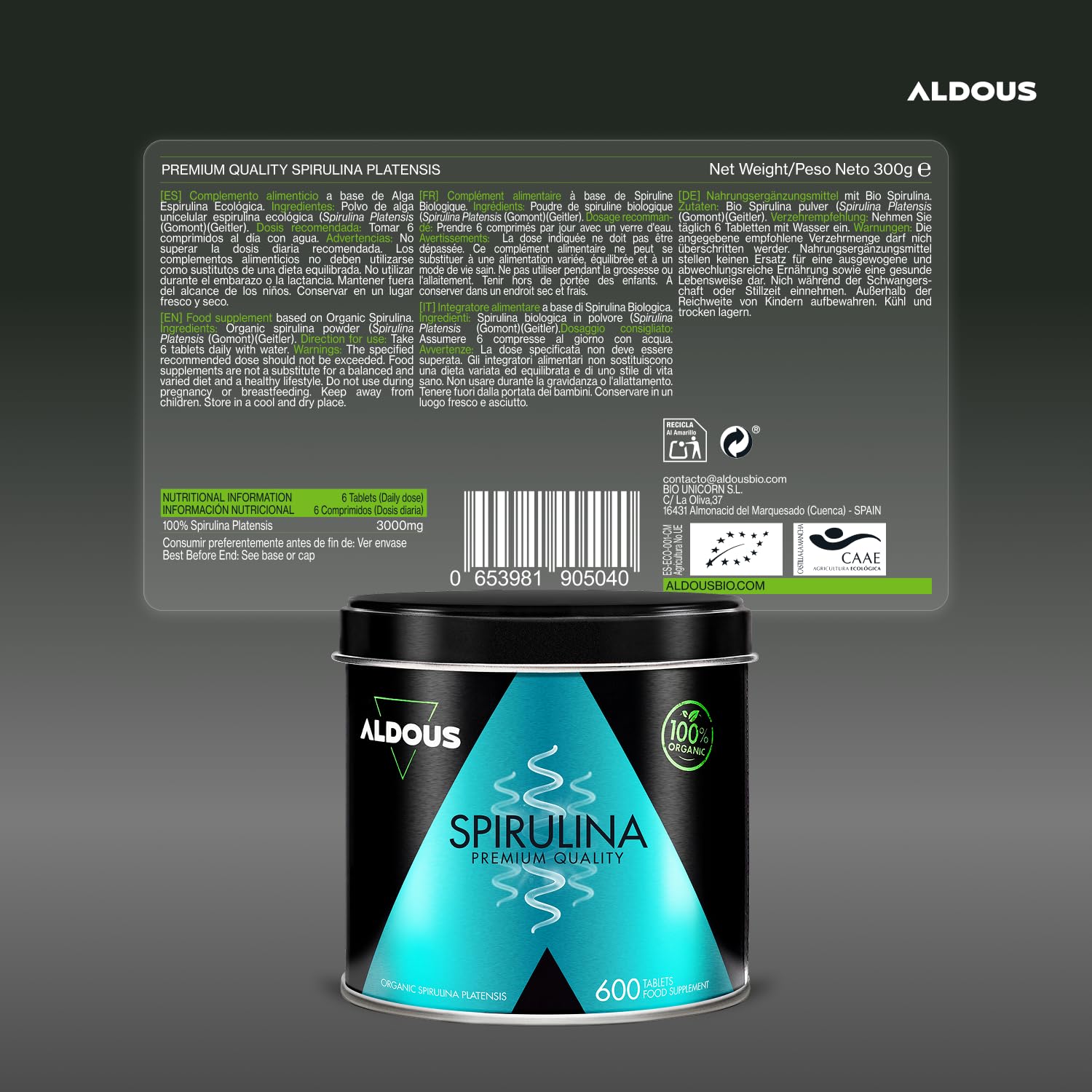 Spiruline Bio Comprimés - 600 Comprimés - Dose 3000mg - Detox - Riche en Phycocyanine & en Protéines - Complement Alimentaire Fatigue & Immunité Adulte - Minéraux & Vitamines - Sans Plastique