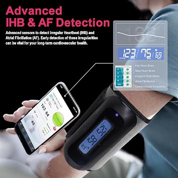 MbH Bluetooth Blood Pressure Monitor- Wireless Upper Arm Cuff BP Monitor for Home Use, IHB and AF Detection, Ultra-Light and Portable, Includes App for iOS & Android