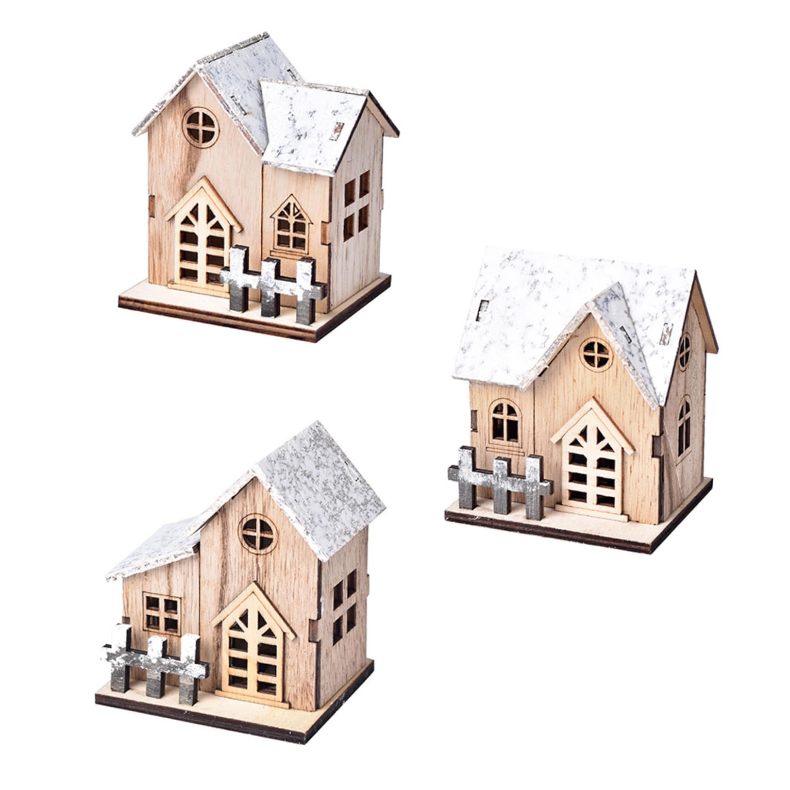 3 Piezas Decoración Navideña Madera Luminosa Casas Pueblo con Luz LED para Interior Fiesta Xmas