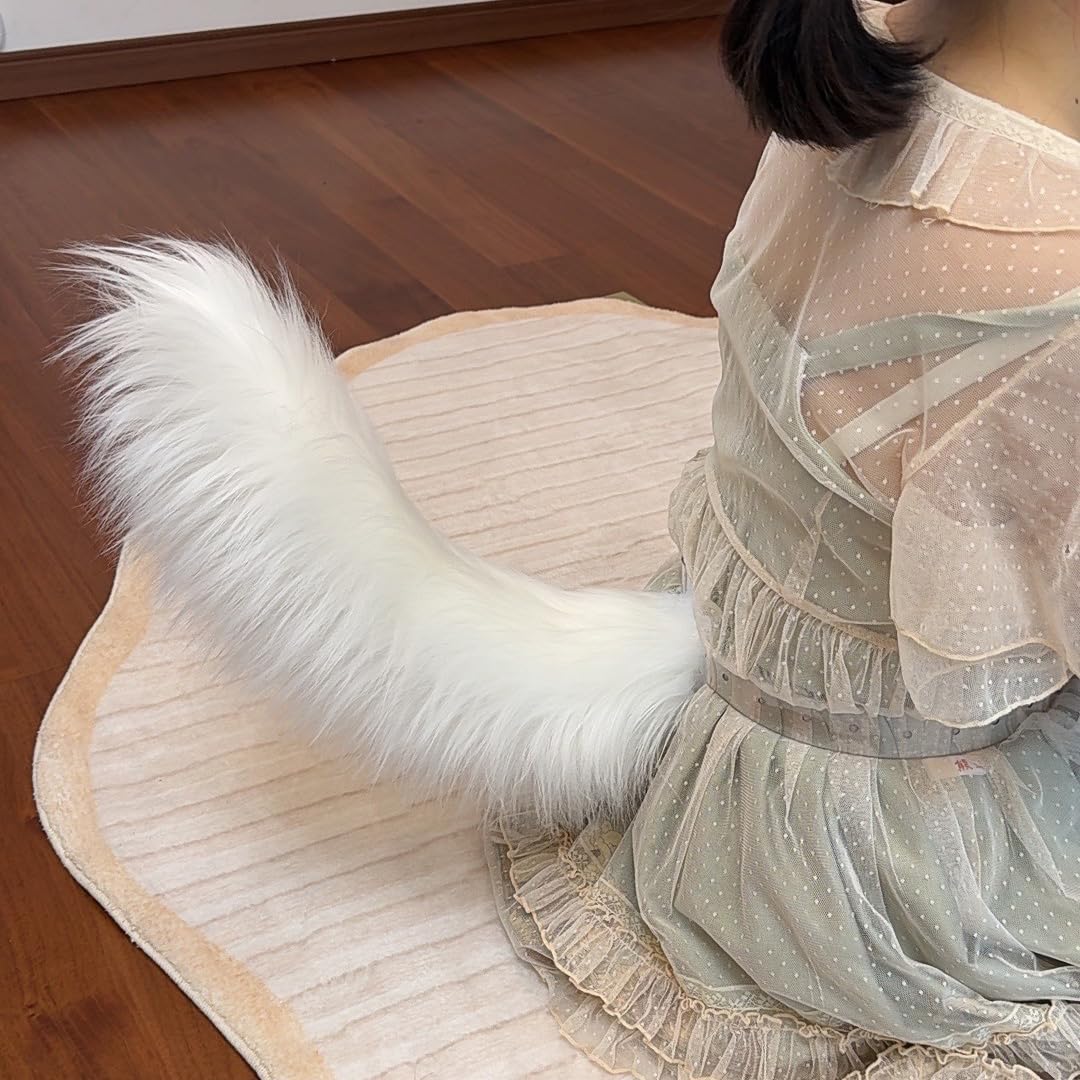 Aroogudo Electric Tail Motorized Tail Moving Faux Tail for Cosplay&Paty fluffy and soft social anxiety accessories Electric Pet cat fox/wolfTail Ear (White Electric Tail)